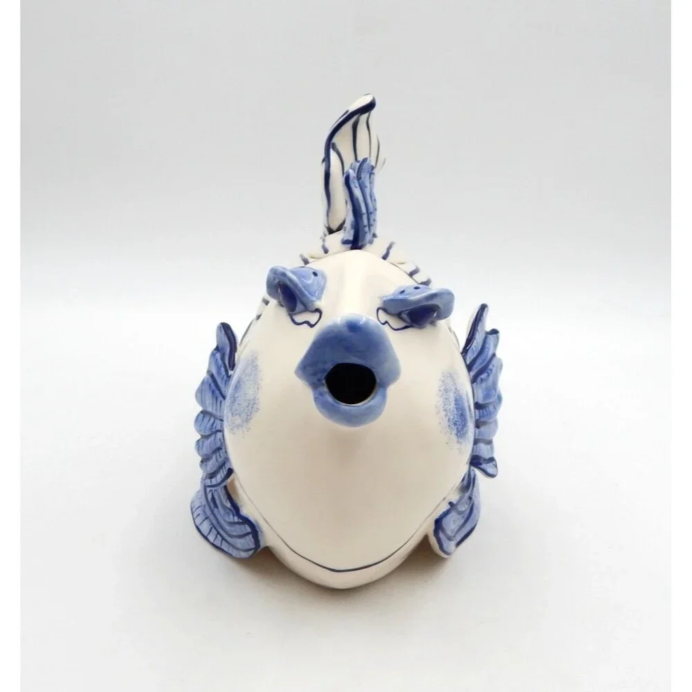 Blue Sky Clayworks Diane Kissy Fish Teapot Blue White Polka Dot 10 Inch 2013
